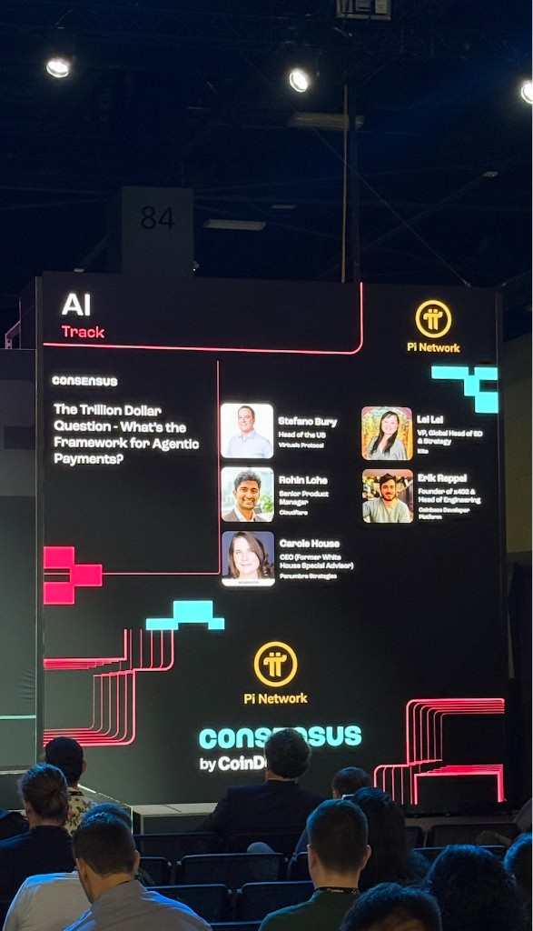 Consensus AI Track panel slide: The Trillion Dollar Question on frameworks for agentic payments